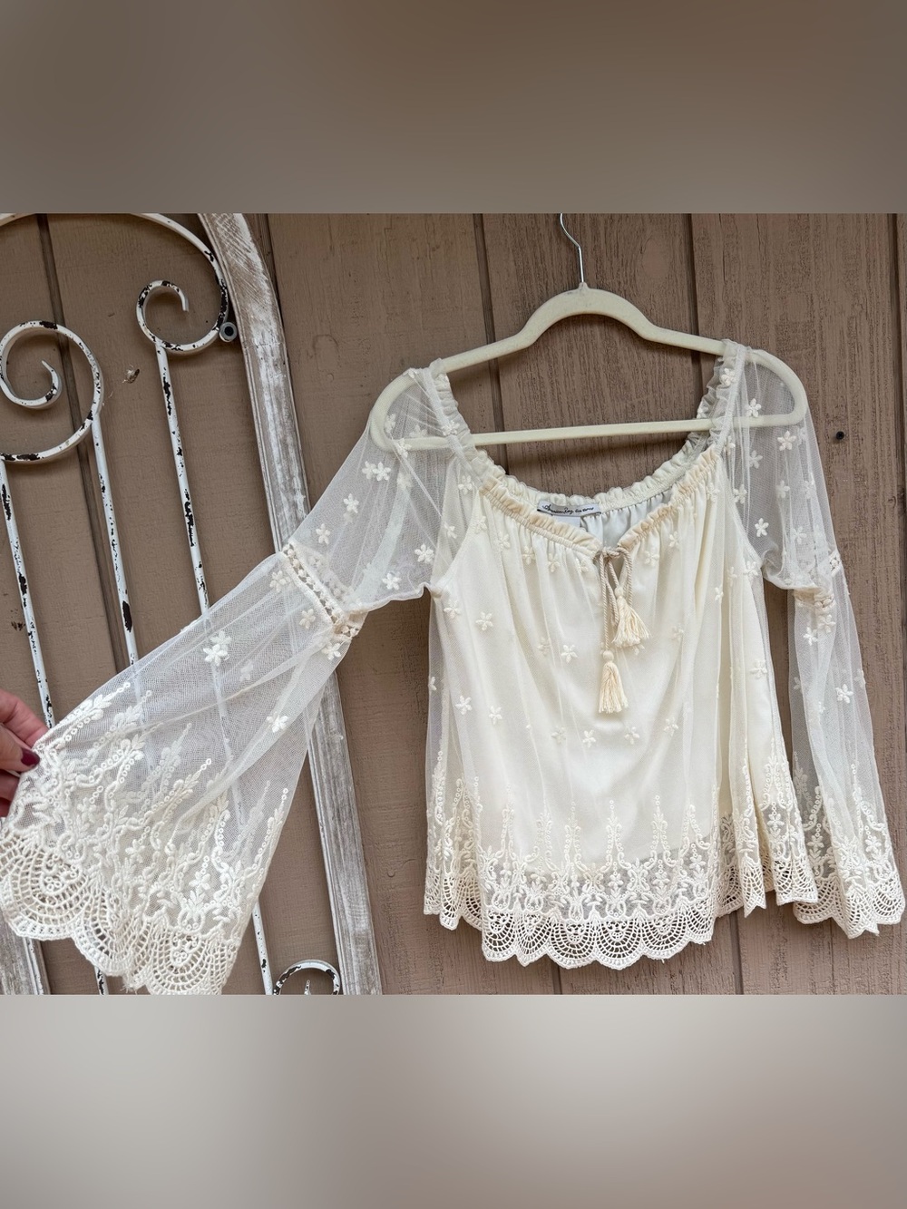American Rag gypsy Embroidered Sheer Cream blouse flare medium